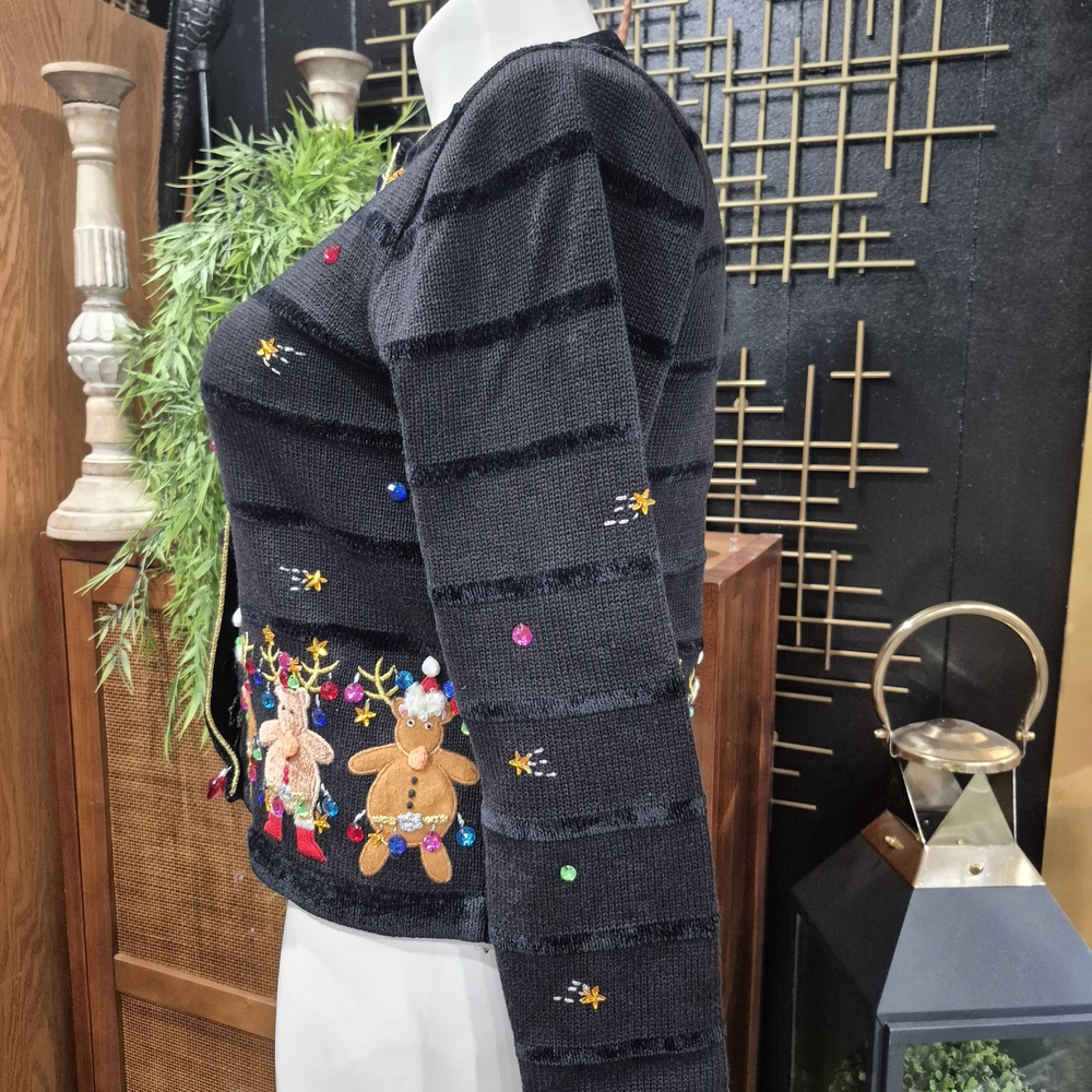 Festive Black Holiday Jacket with Embroidered Reindeer - Picture 7 of 14